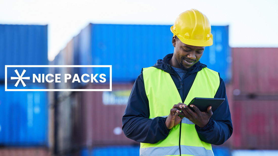 shipping yard worker looking at tablet