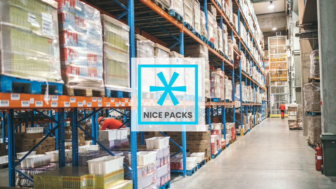 A storage unit with boxes of product stacked neatly on shelves